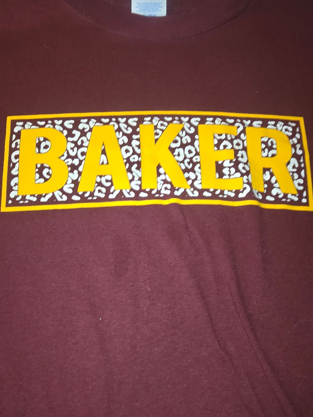 Bakers Maroon Short Sleeve Tee with Yellow Logo and Leopard Print